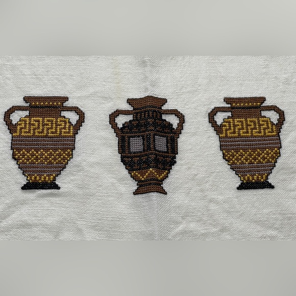 Vintage Cross-stitched Tablecloth (handmade) with playful Grecian Urn design - Picture 5 of 16